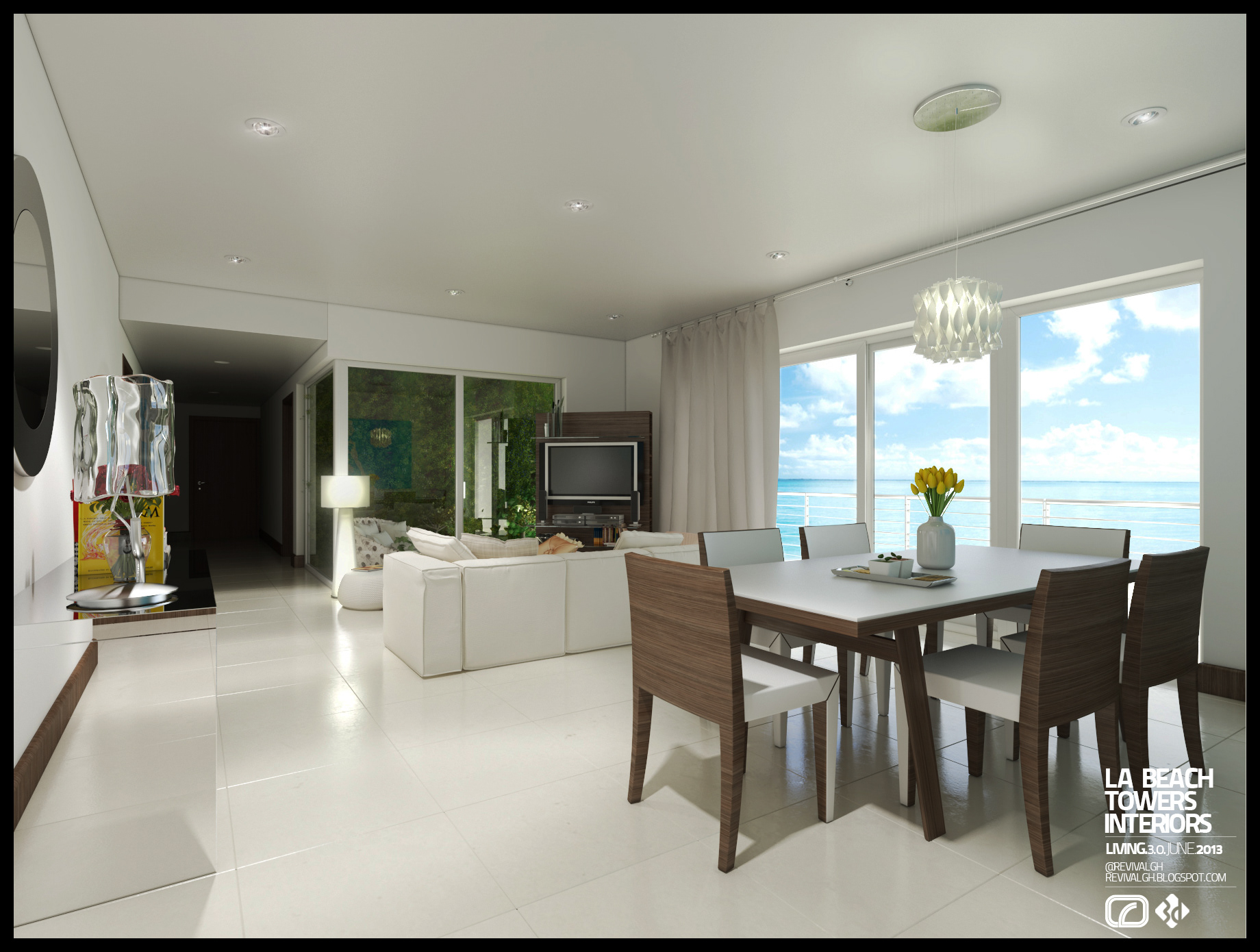 La Beach Towers dining and living: a white-topped table with six wood and white chairs under a white petal pendant, a vase of yellow tulips at its centre, floor-to-ceiling glazing onto the sea at right, a white sectional and walnut media unit beyond and a glossy console with a chrome lamp at left.