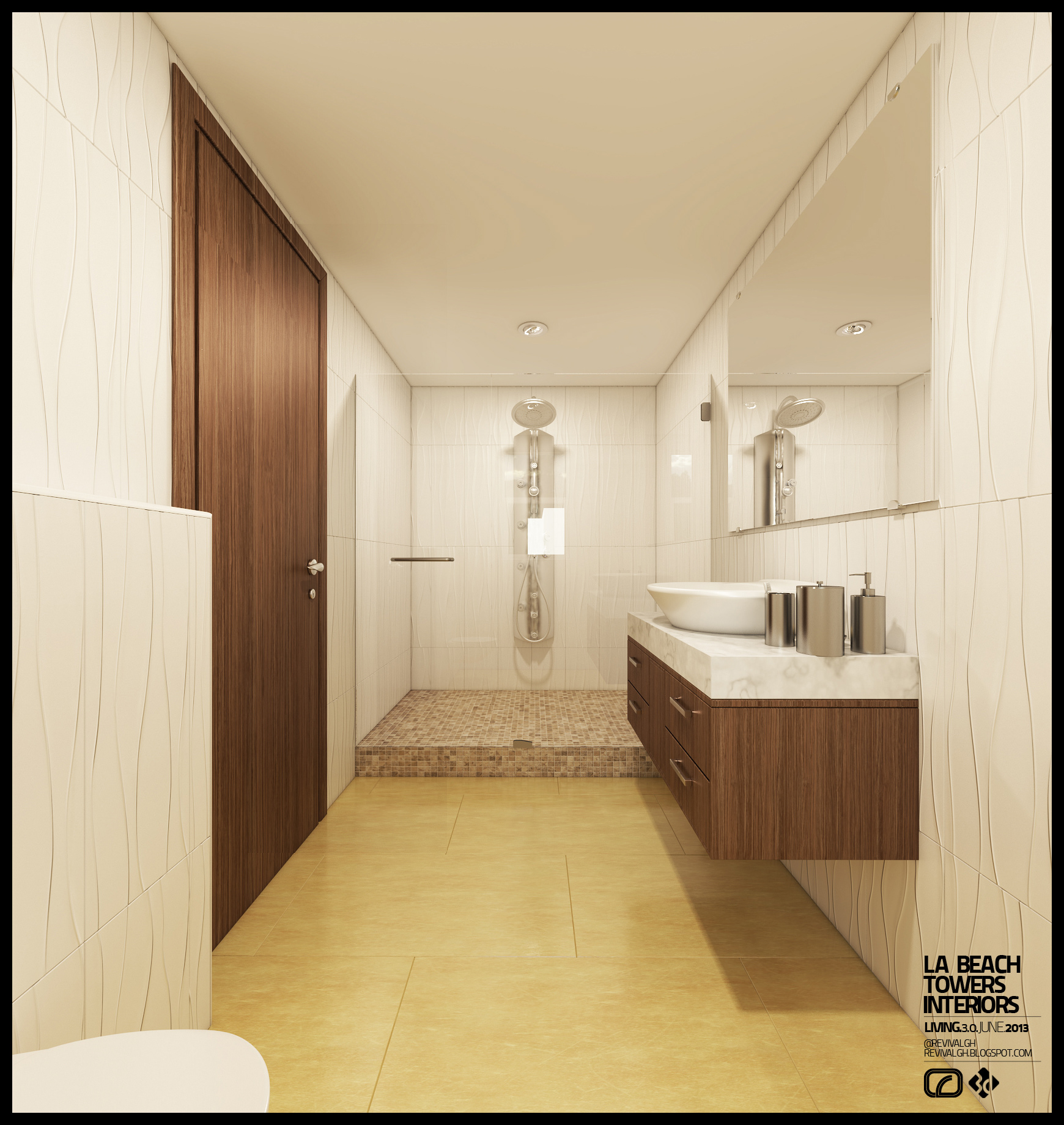 La Beach Towers bathroom in the pale scheme: a walk-in shower with a chrome rain column and a mosaic floor at the far end, walnut vanity with vessel basin and marble top under a wide mirror, cream wave-textured wall tiles and a full-height wooden door.