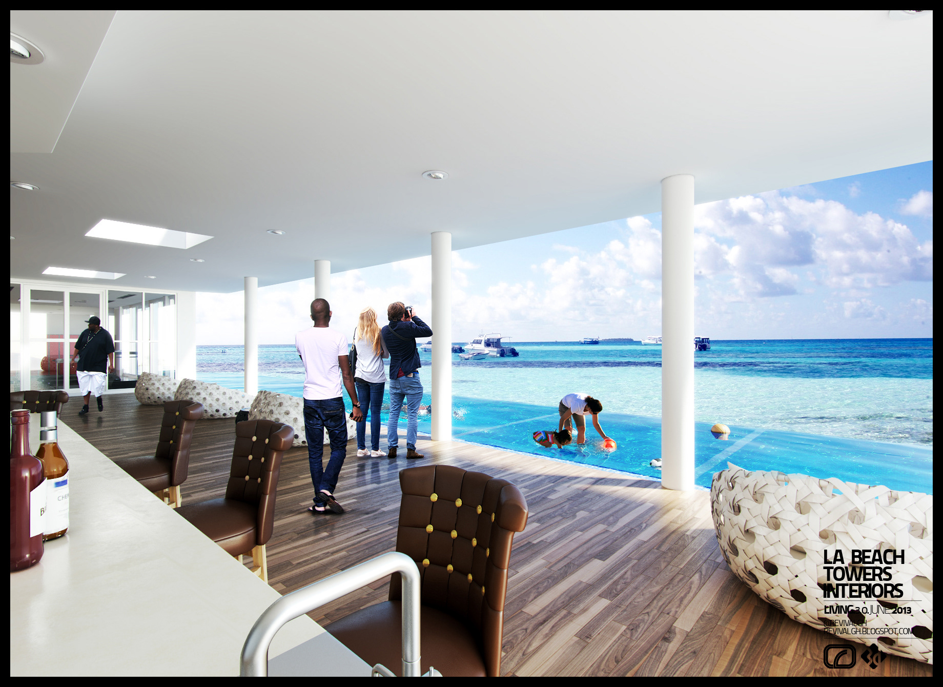 La Beach Towers rooftop: an infinity pool on a timber deck open to turquoise sea and moored boats, white columns carrying a flat soffit, brown button-tufted stools at a white bar and woven white daybeds, figures standing at the pool edge.