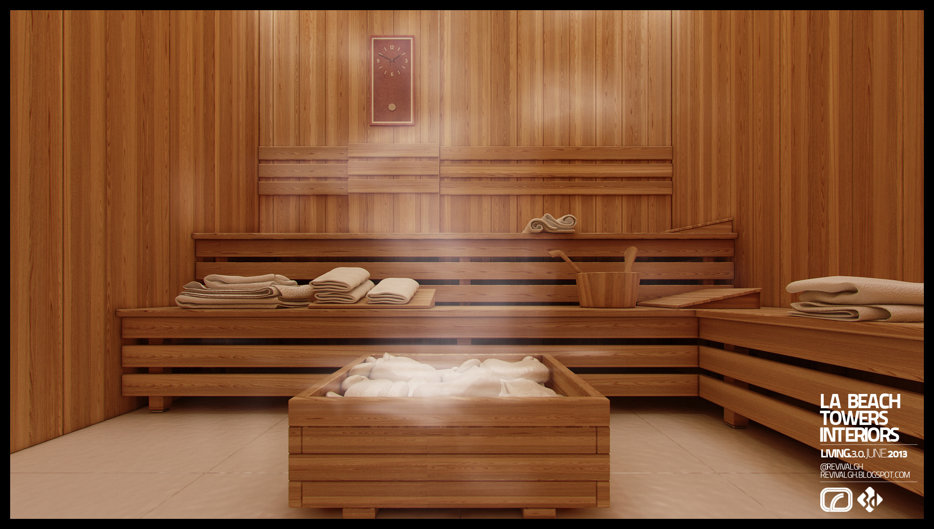 La Beach Towers sauna: tiered wooden benches dressed with folded cream towels and a bucket and ladle, tongue-and-groove panelling, a rectangular wall clock, and a low crate of white heater stones steaming in the centre of the room.