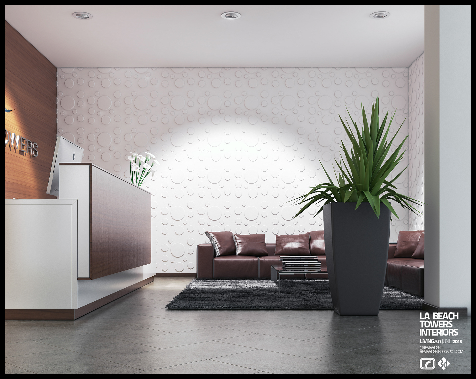 La Beach Towers reception: a white desk with a walnut front panel and a computer on top set against a timber wall carrying part of the metal signage, brown leather sofas on a grey shag rug before a white 3D bubble-dot panel, a tall dark planter in the foreground.