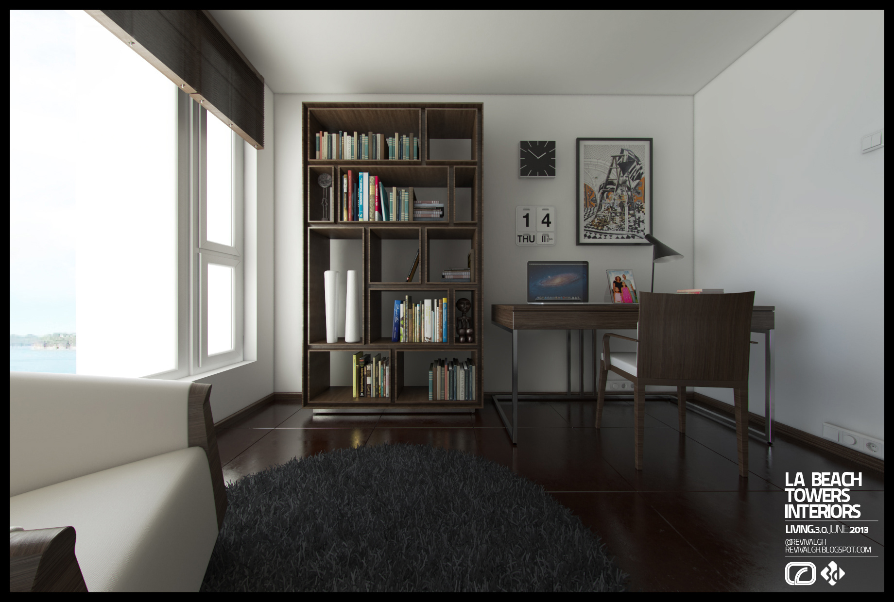 La Beach Towers study: an open walnut shelving unit stacked with books and white vases beside a slim desk holding a laptop and a black cone lamp, framed print, black clock and flip calendar on the wall, window with a woven blind at left and a grey shag rug on dark boards.