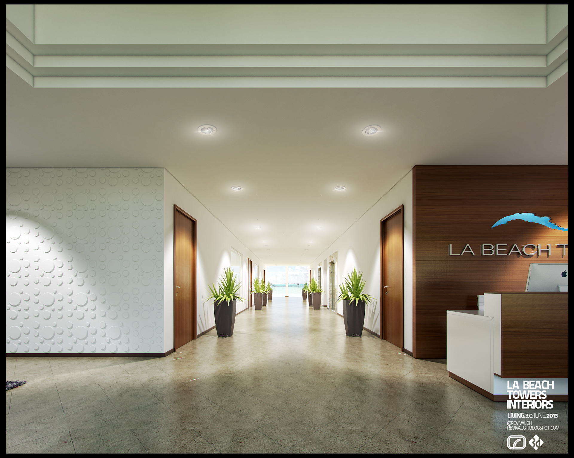 La Beach Towers corridor: a pale stone floor running to a bright window at the far end between walnut doors, tall dark planters of spiky green plants, a white bubble-dot relief panel at left and the timber reception wall with the blue LA BEACH sign at right.