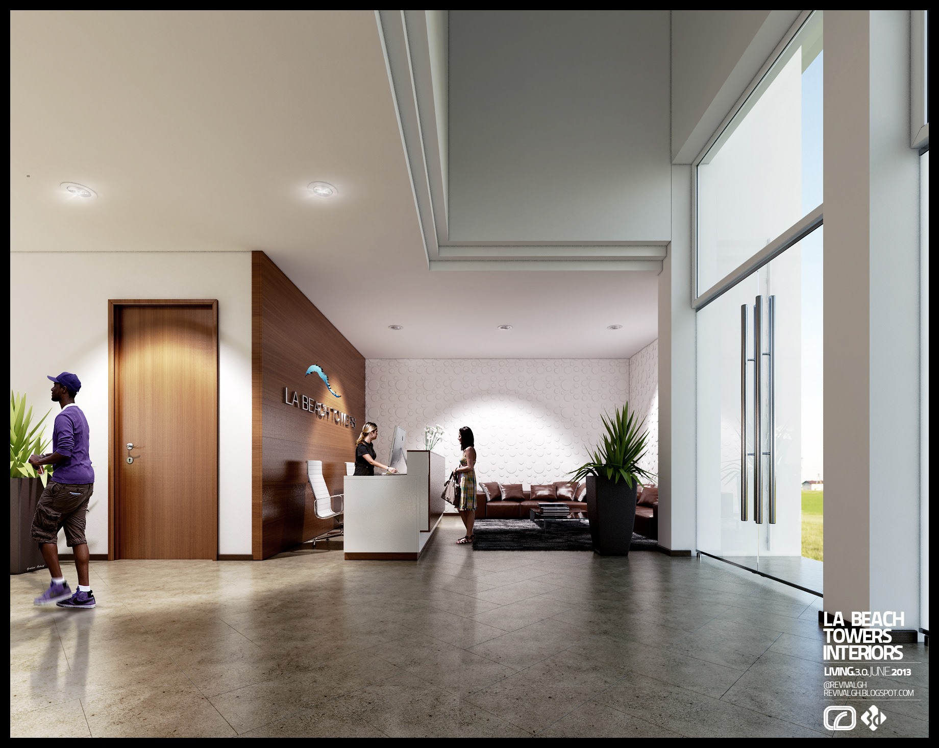 La Beach Towers lobby from the full-height glass entrance doors: a receptionist at the white desk beneath the timber LA BEACH TOWERS sign, a visitor in a purple shirt crossing the stone floor at left, a woman waiting near brown sofas set against the bubble-dot wall.