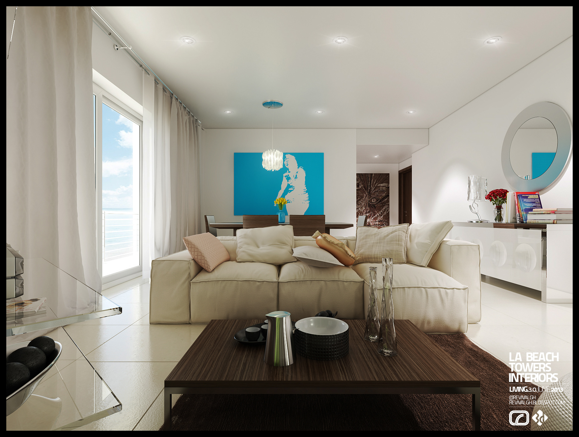La Beach Towers living room: a cream modular sectional with pink and beige cushions around a low walnut coffee table laid with a steel carafe and black bowl, a blue stencil painting of a figure over the dining table beyond, round mirror and glossy white sideboard at right, sheer curtains over a sea window.