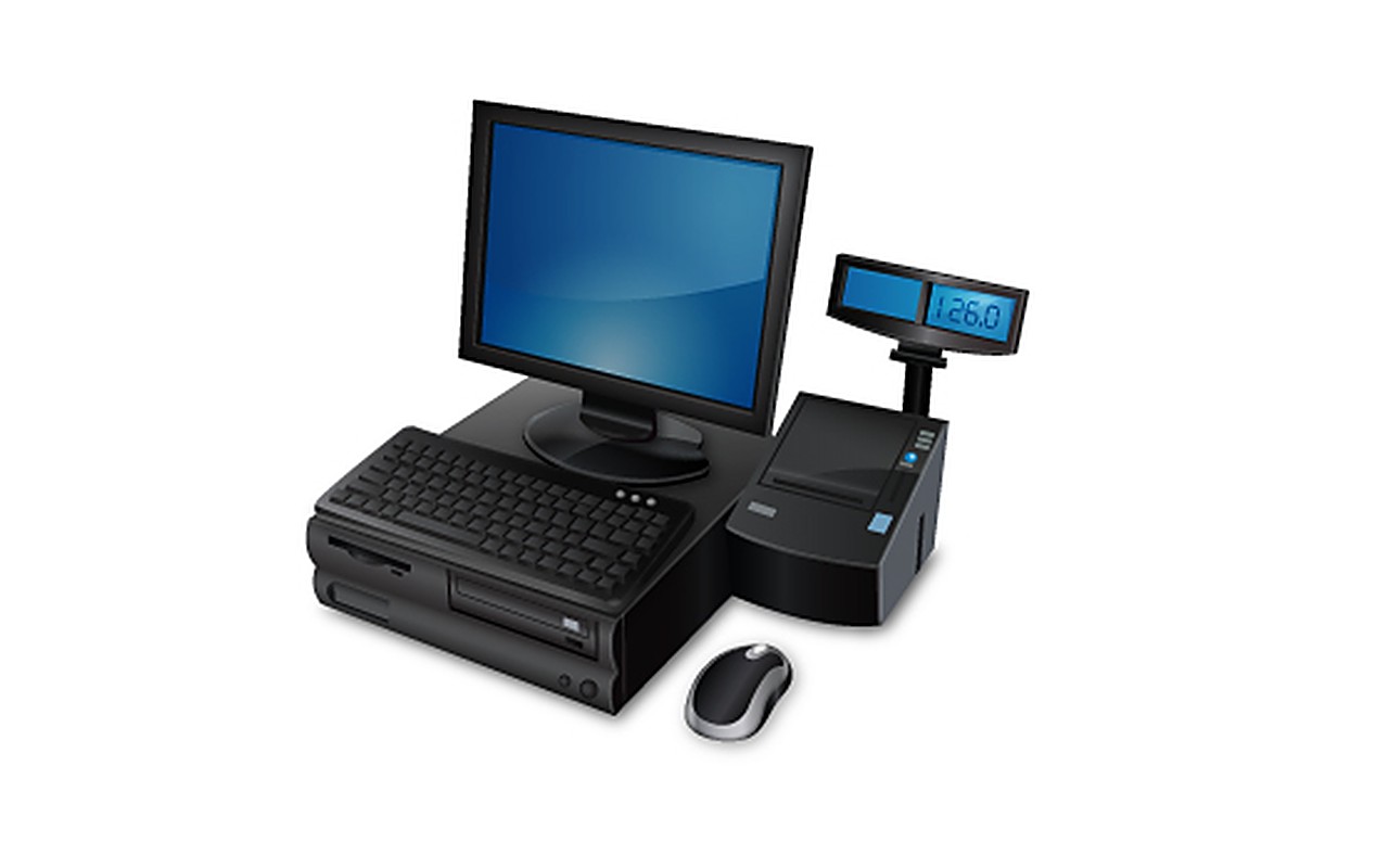A point-of-sale terminal rendered in glossy black: a flat monitor on a round foot above a body whose sloped front carries a keyboard, a mouse in front, a receipt printer to the right and a pole-mounted customer display reading 126.0