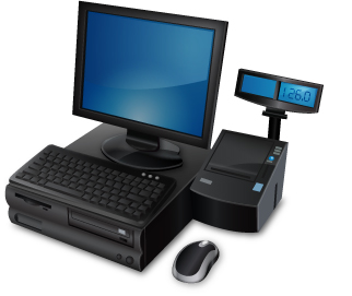 The icon in its black colourway: monitor, keyboard, mouse, receipt printer and pole-mounted customer display all rendered in glossy black plastic with blue screens