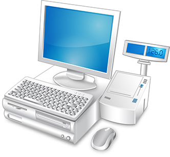 The same icon in white: the bodies re-rendered in white and silver while the monitor and customer display keep the identical blue