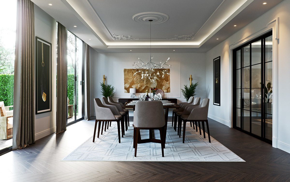 Link Drive Rd. dining room: a long dark table seated with eight grey upholstered armchairs on a pale geometric rug, a branching crystal chandelier over a large gold abstract canvas hung above the sideboard, cove-lit tray ceiling with plaster ornament, curtains drawn back from the garden glazing.