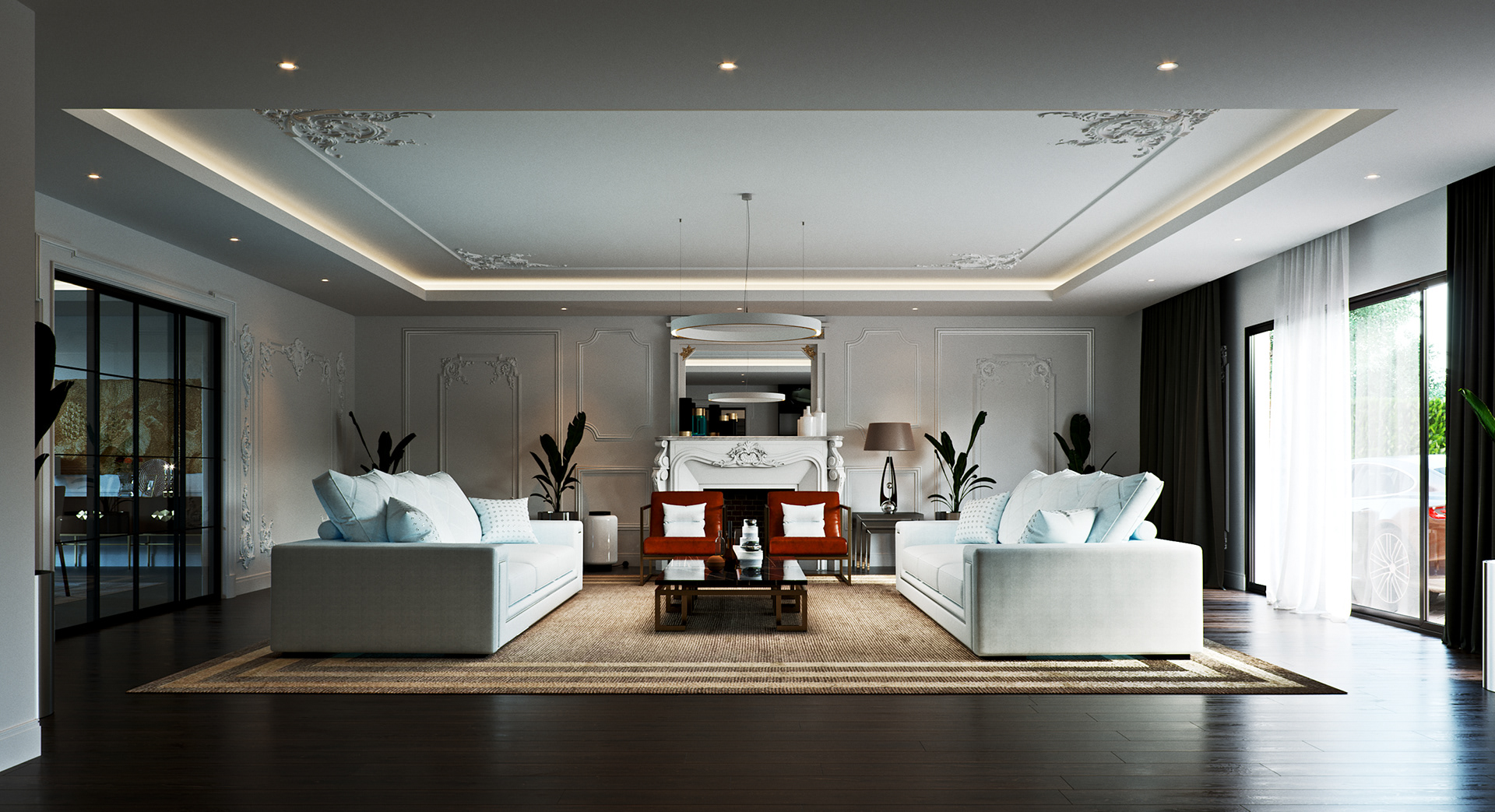 Link Drive Rd. living room: two pale sofas squared off on a striped jute rug with a pair of orange-red leather armchairs before an ornate white fireplace and its overmantel mirror, moulded grey walls and a cove-lit ceiling, black-framed glazing to the dining room at left and full-height windows to the drive at right.