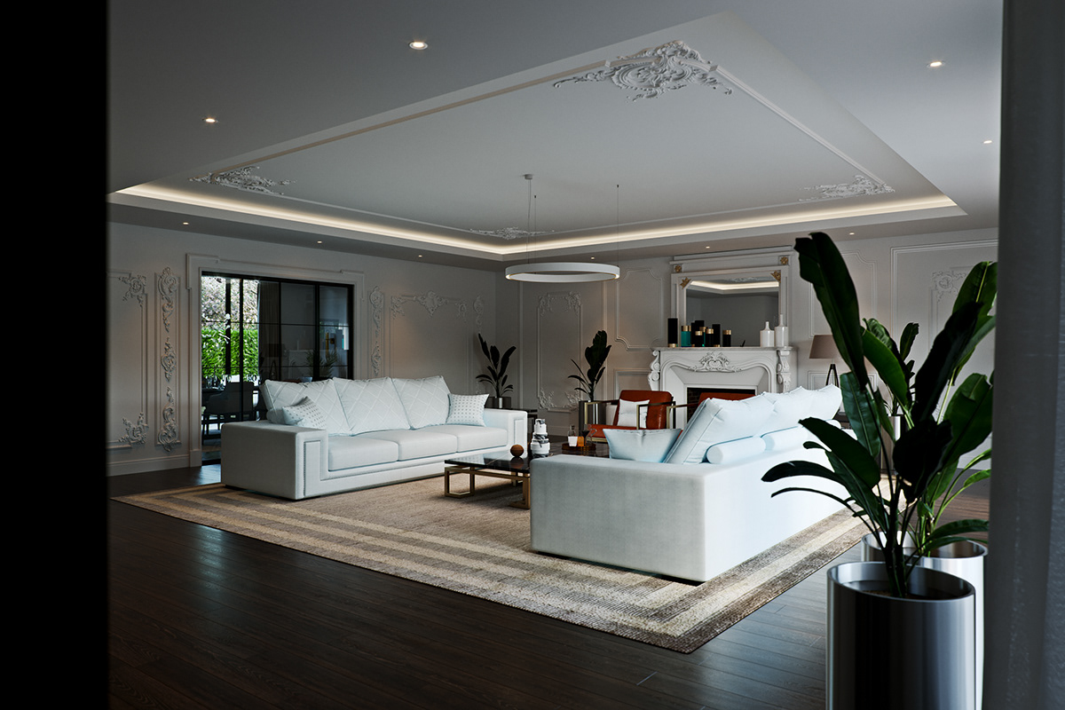 Link Drive Rd. - formal living room with two white sofas on a striped rug beneath ornate ceiling mouldings and a ring pendant, a white fireplace with mirror and a red leather chair behind