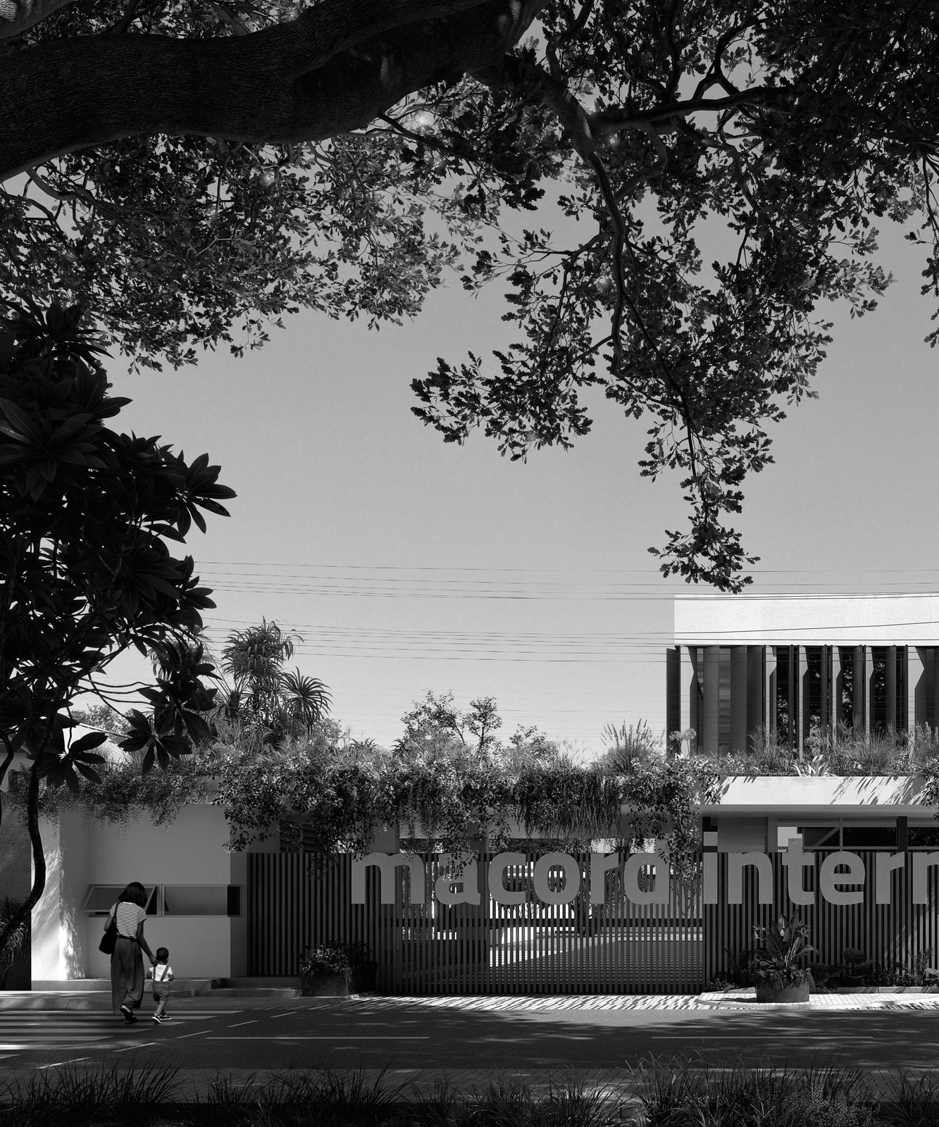 Macord International School signage, in monochrome: a woman holding a child's hand at the crossing, the wall lettering cut off at the right, tree branches across the top and the planted pergola over the batten wall.