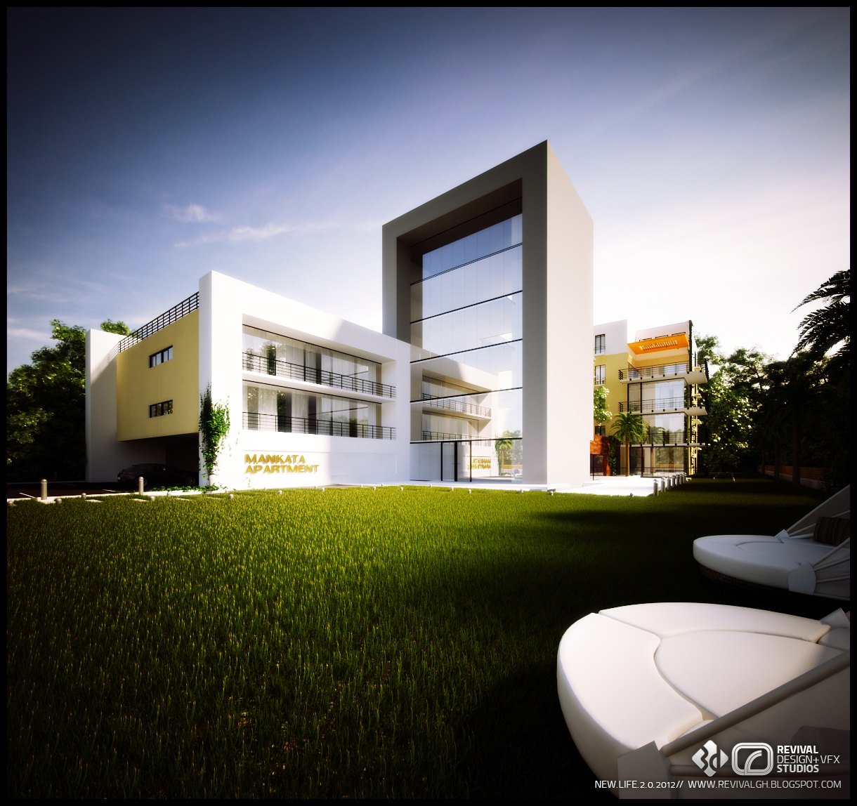 Exterior render of a low-rise apartment block seen across a broad lawn: white rendered volumes, a tall glazed entrance slot inside a deep white portal frame, yellow and orange accent walls, and two curved white lounge seats in the foreground.