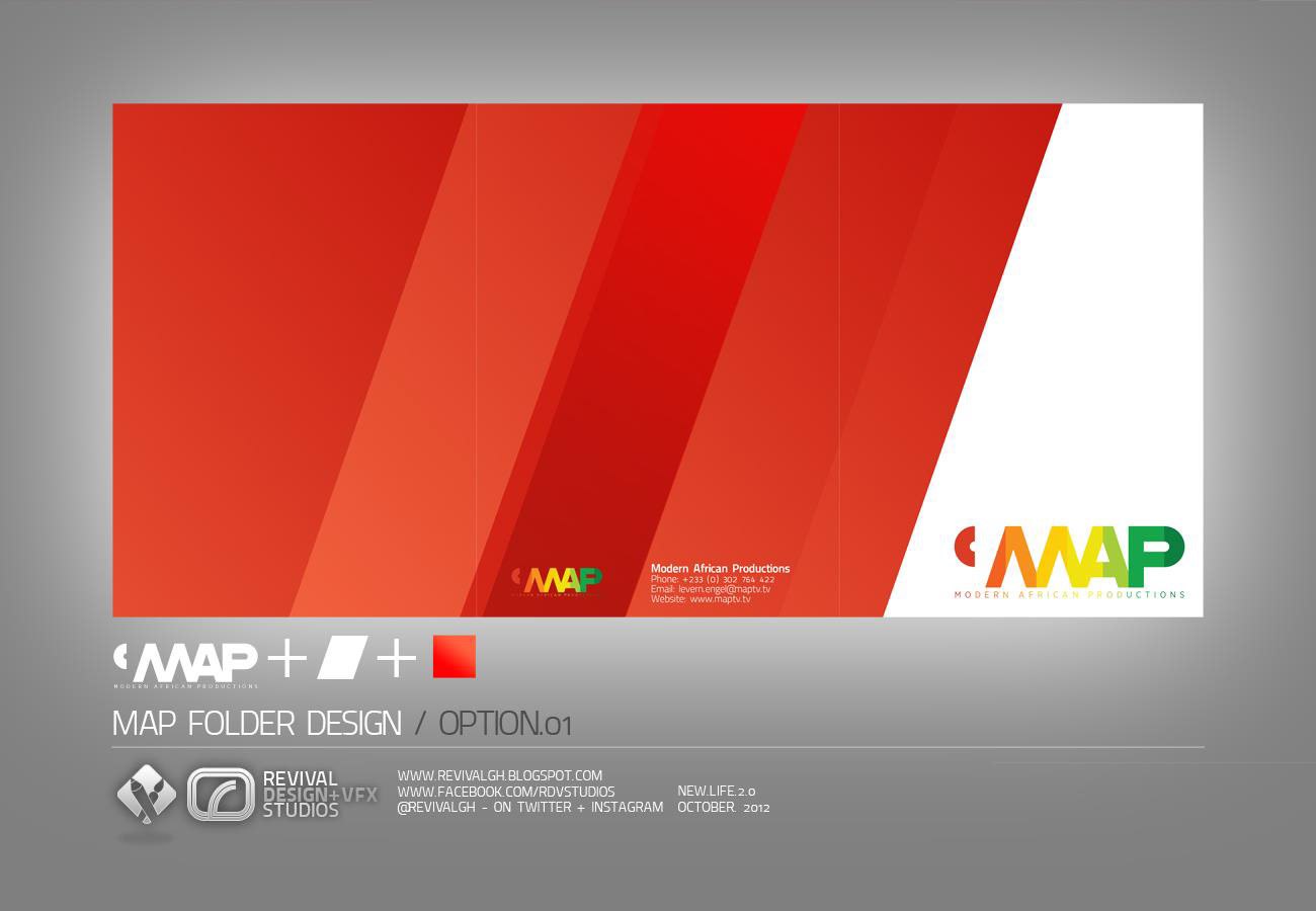 Presentation board on a grey ground: an open folder whose back panel carries diagonal bands stepping from orange to deep red, its cover left white apart from the MAP mark, with a logo formula and the caption MAP FOLDER DESIGN / OPTION 01 beneath.