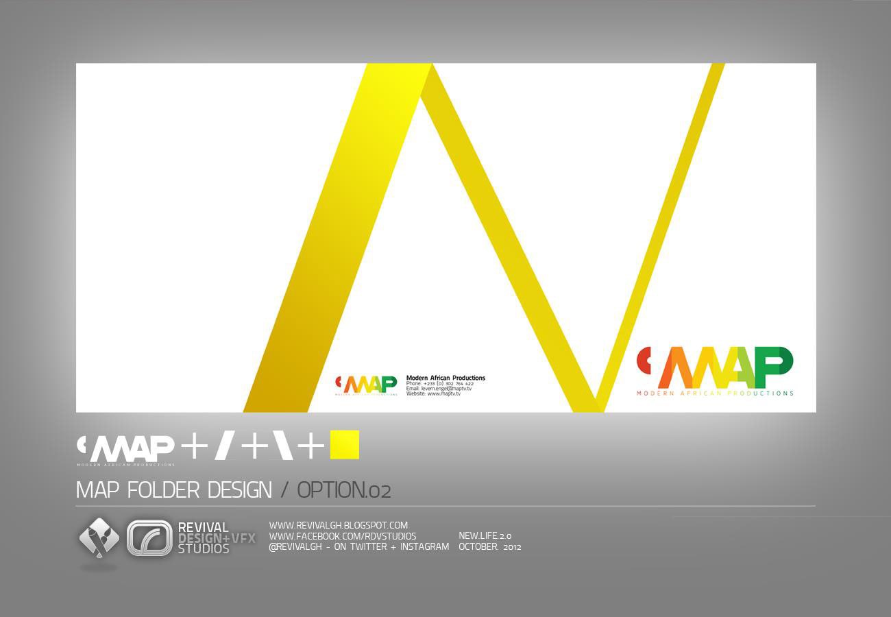 Second presentation board: the folder shown open on white, crossed by one oversized yellow chevron that runs off the top and bottom edges, the MAP mark at the lower right, and a formula plus the caption MAP FOLDER DESIGN / OPTION 02 below.