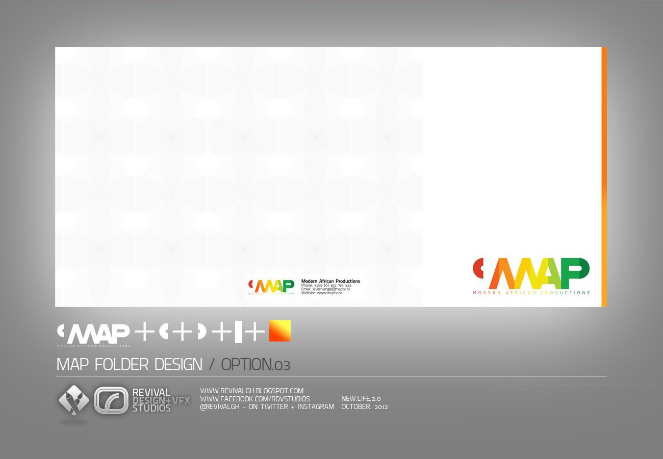 Third presentation board: an almost entirely white folder carrying a faint tonal check across the back panel and a single thin orange rule down the cover edge, the MAP mark at the lower right, captioned MAP FOLDER DESIGN / OPTION 03.