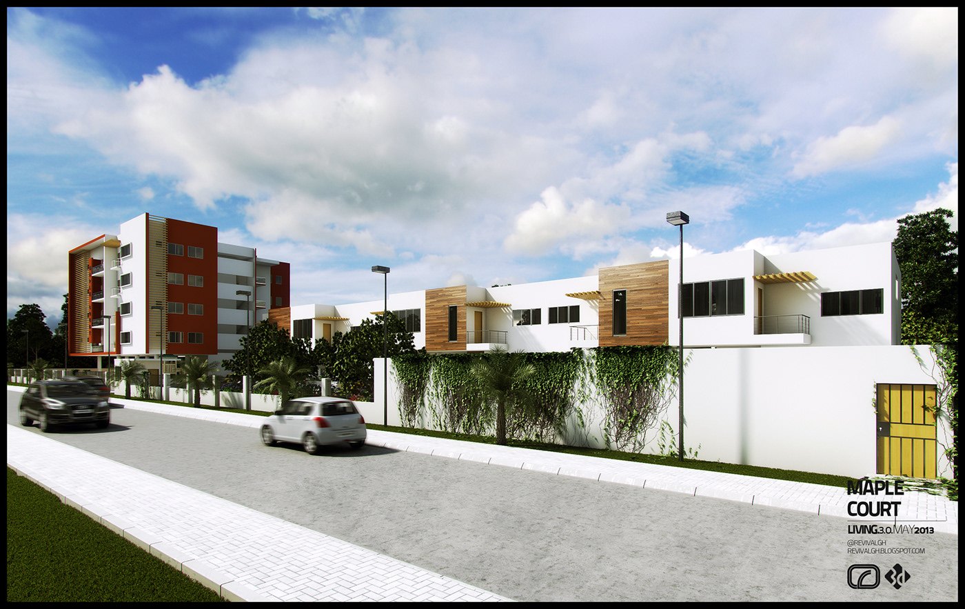 Street elevation visualization of the white rendered apartment block with timber-look cladding panels and deep window reveals, a red brick block behind it at the left, cars at the kerb, and a planted boundary wall under a bright cloudy sky.
