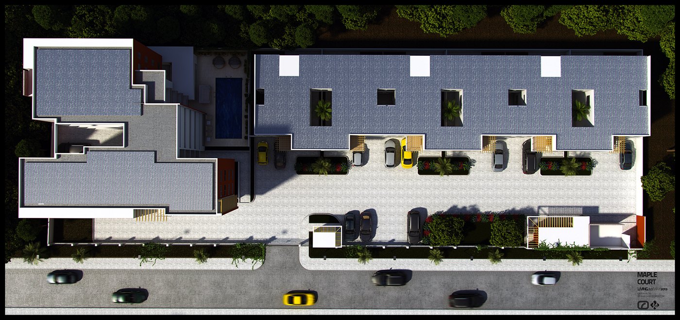 Roof plan viewed from directly above, showing the block layouts in grey, the courtyard parking bays with parked cars and a yellow taxi at the street edge, blue and timber-coloured roof accents, and the paving pattern of the open court.