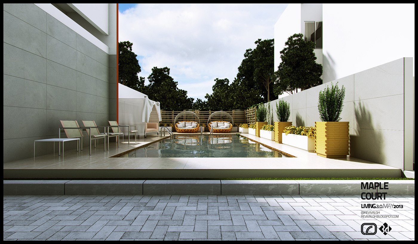Courtyard visualization: a rectangular swimming pool edged in pale stone coping, sun loungers and a canopied daybed with cushions along one side, tall planters, a paved deck in the foreground and a plain concrete wall to the left under trees.