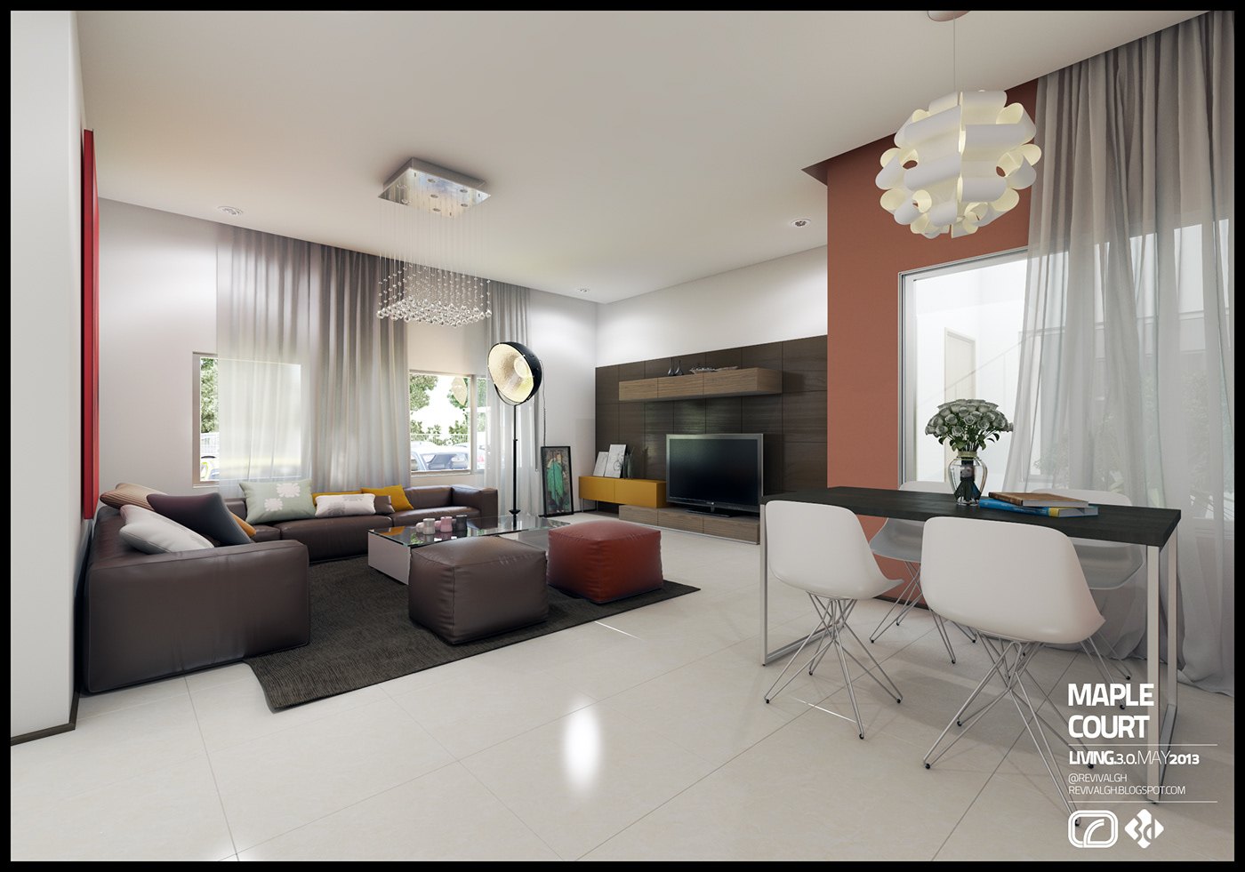 Living room visualization of an apartment interior: a grey sectional with ottomans on a dark rug, a rust coloured accent wall, a glass topped dining table with white chairs, a petal cluster pendant, a media wall with a flat screen and glossy pale floor.