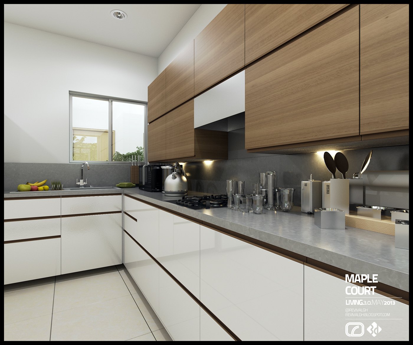 Kitchen visualization: white gloss base cabinets with slim steel pulls, full-height timber veneer wall units over a grey worktop and matching splashback, a built-in hob, a steel kettle and jars by the window, all lit by cool daylight.
