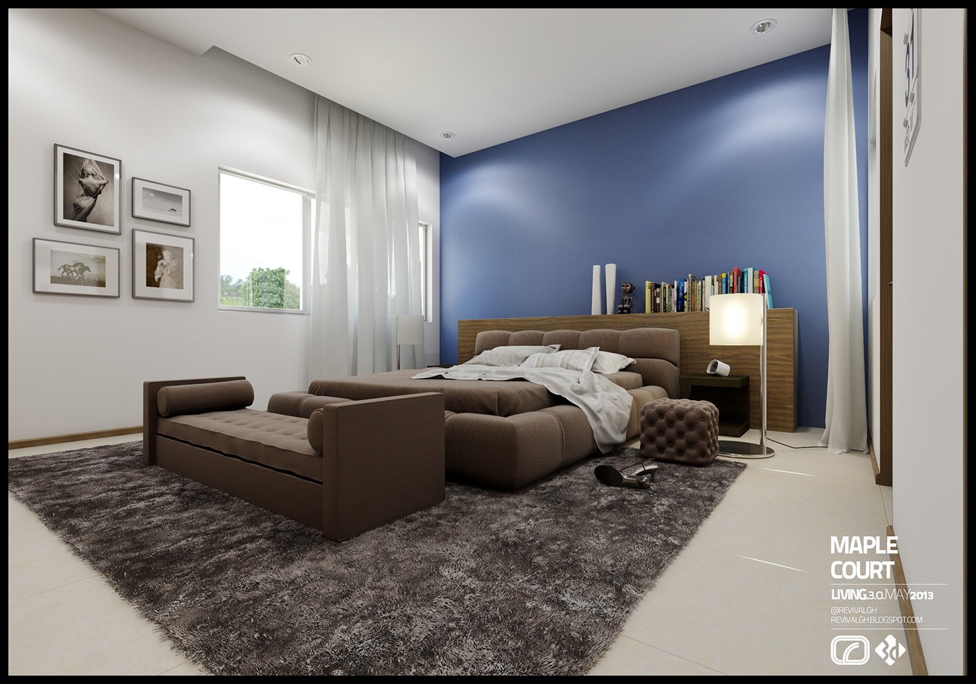 Bedroom visualization: a low brown leather bed and matching ottoman on a grey shag rug, a deep blue accent wall behind the headboard, a small gallery of framed photographs on the white wall, a lit bedside lamp and sheer curtains at the window.