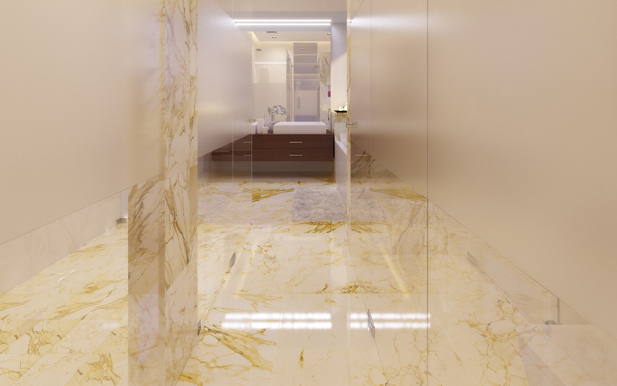 Looking in along a short corridor paved and clad in polished gold-veined marble, the ceiling and strip lights doubled in the floor, with the dark walnut double vanity and its vessel basins visible through a frameless glass screen at the far end
