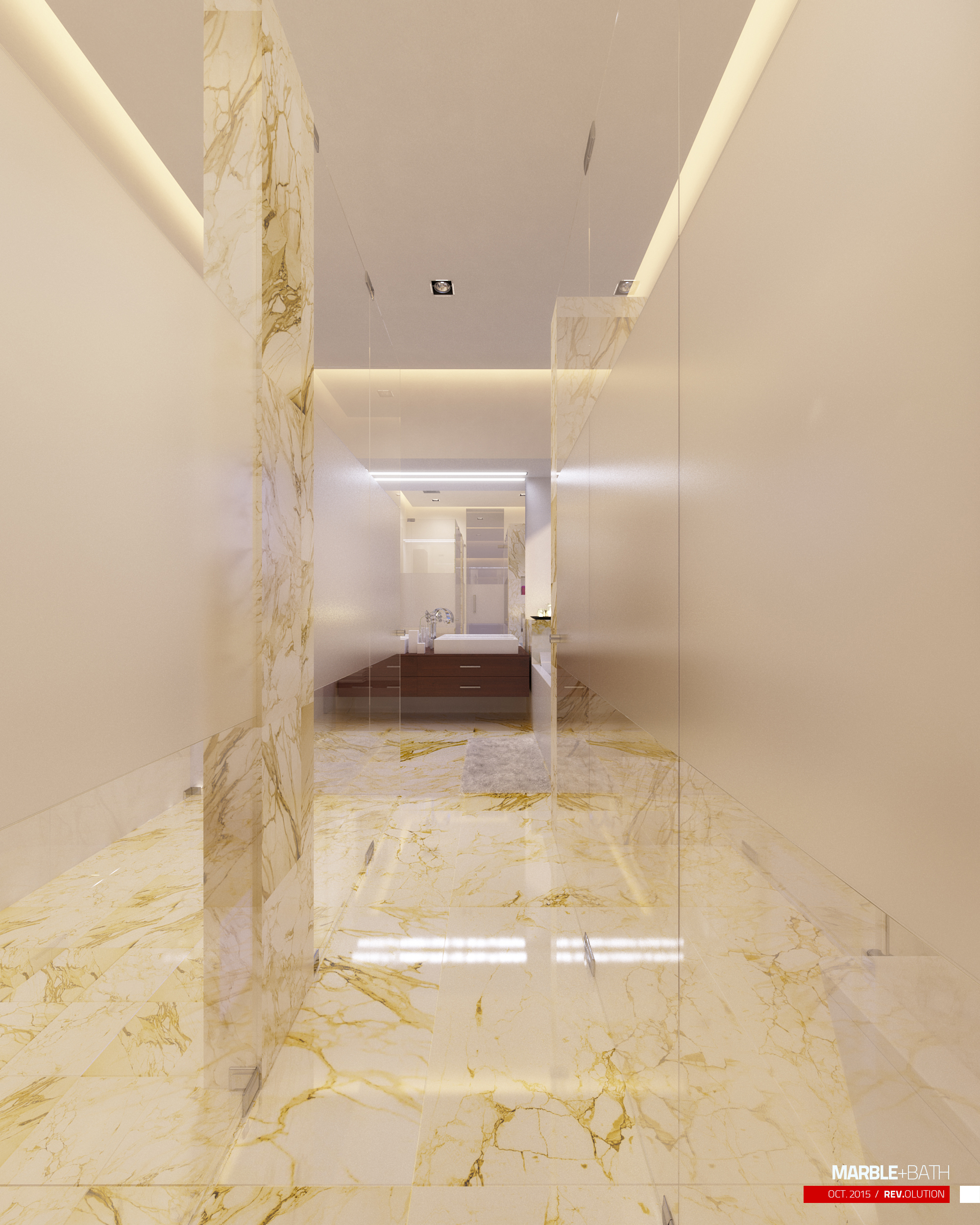 Marble & Bath - Looking in along the short marble corridor: polished gold-veined stone on floor and walls, the ceiling strip lights and the far walnut vanity doubled in the reflective floor behind a frameless glass screen.