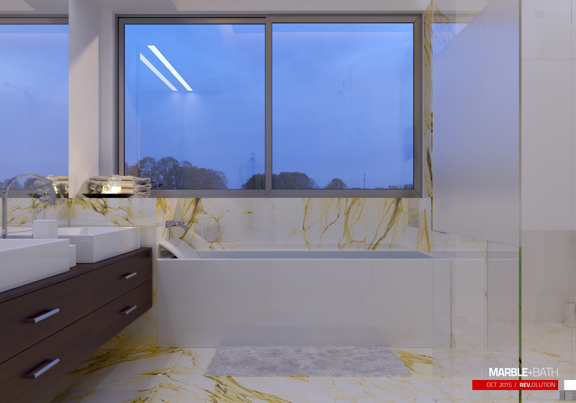 The vanity wall at dusk: white vessel basins on a floating dark walnut double cabinet, a built-in tub beneath a wide two-panel window showing blue sky and a tree line, a chrome wall-mounted filler, and a frosted glass shower screen at the right