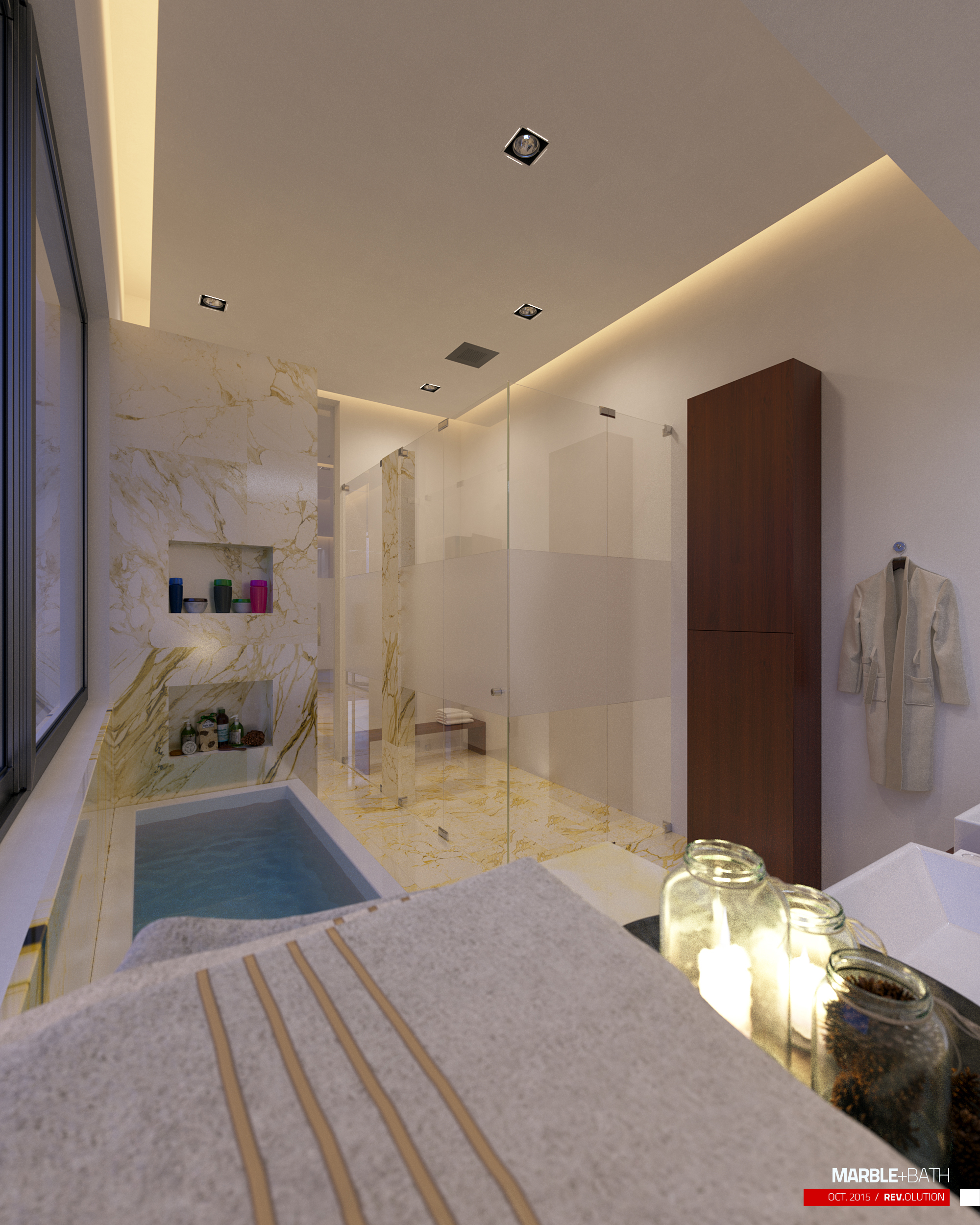 Across the tub deck: lit candles in glass jars and a folded striped towel on the surround, a sunken tub of still water at the left, two recessed marble niches of bath products, and a tall walnut cabinet with a white robe on a hook at the right