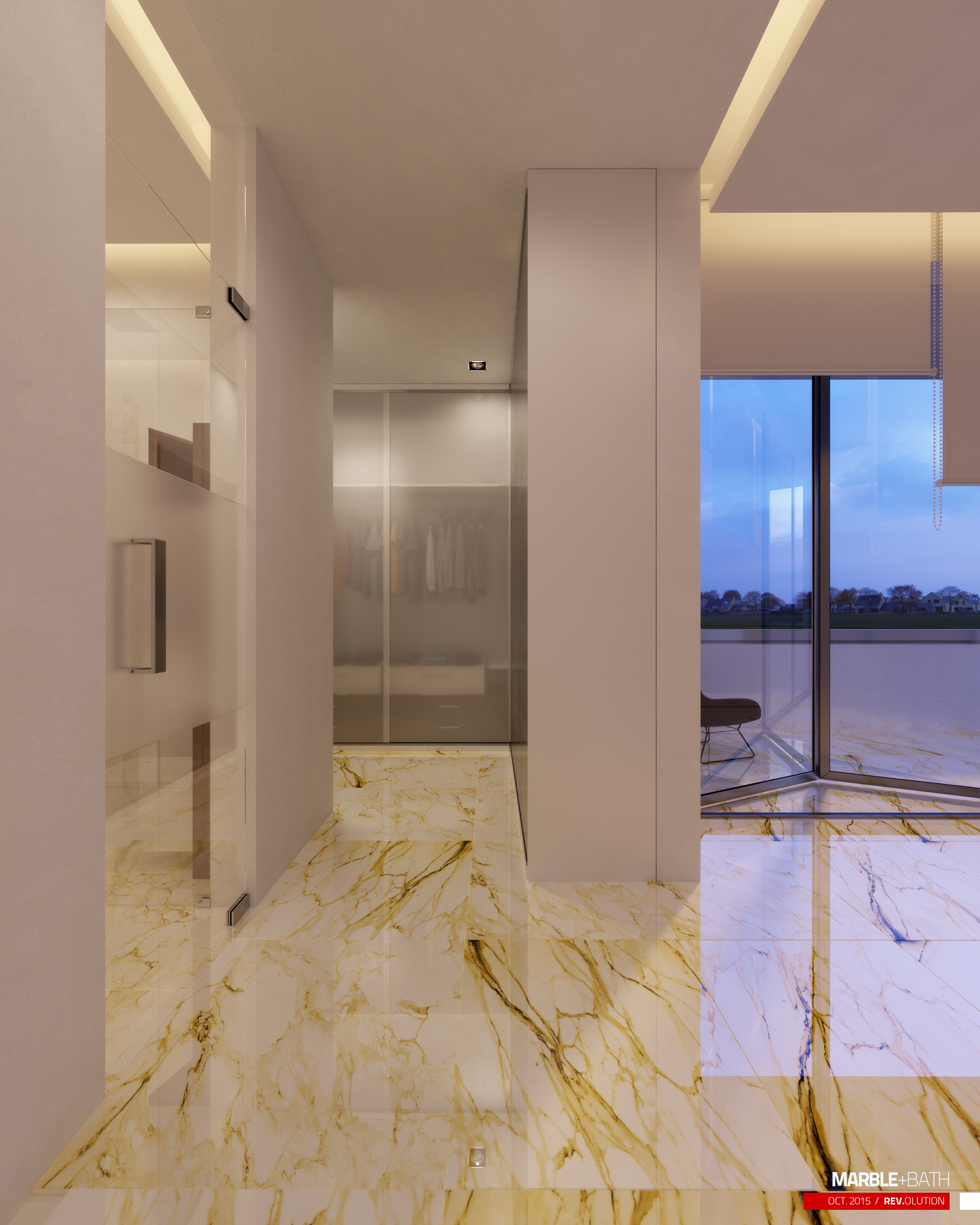 The dressing end: tall pale wardrobes, one pair with frosted glass doors lit from inside so the hanging clothes read as silhouettes, a white column, a frameless glass door on a long steel pull, and a corner window to a terrace chair at dusk
