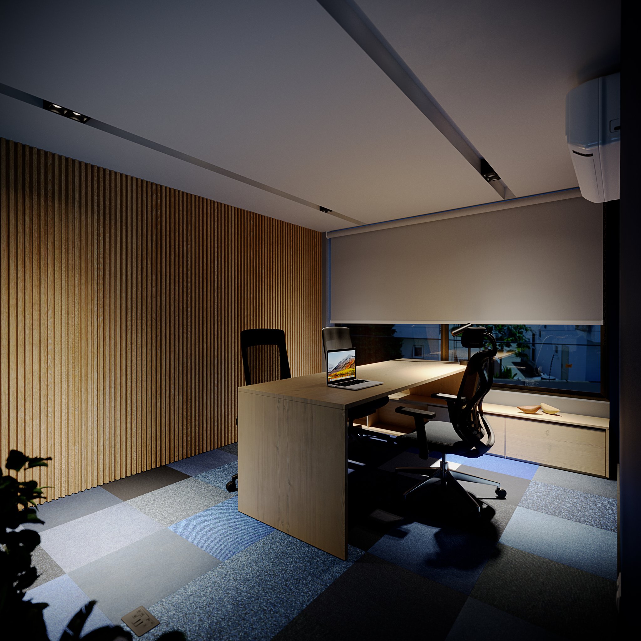 Margin Bank corner office at dusk: a pale oak desk with an open laptop and black task chairs, a fluted timber wall picked out by a floor cove light, a low credenza under the roller blind.