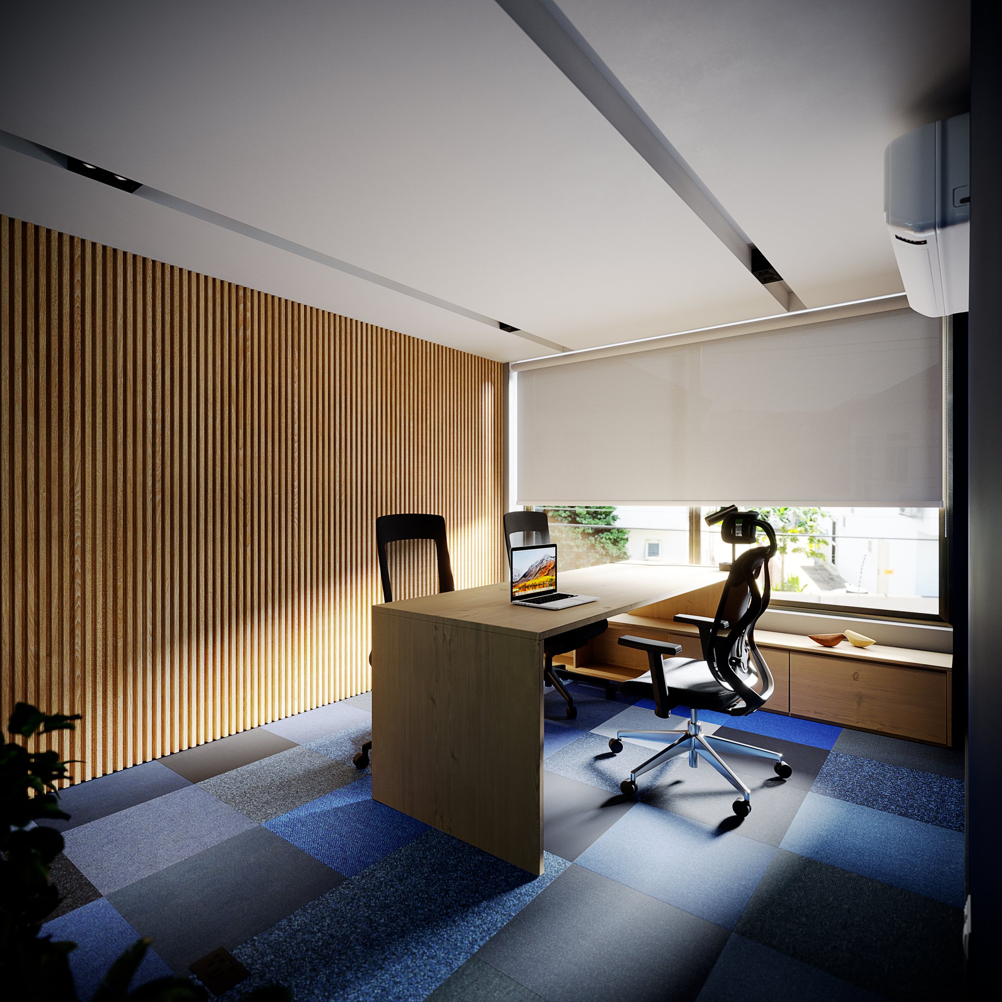 Margin Bank corner office by day: the same desk, chairs and fluted timber wall, the blind lifted to daylight and the cove light off.