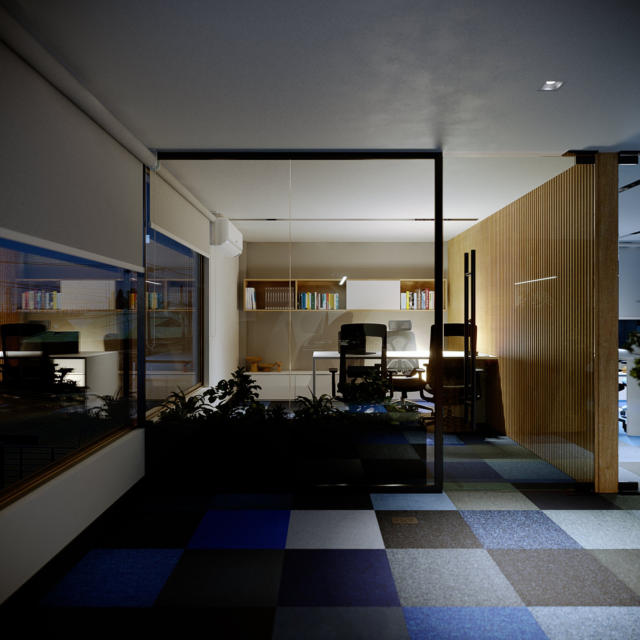 Margin Bank private office at night, seen through a frameless glass screen: the lit desk and task chairs before oak shelving stacked with binders and books, the fluted timber wall glowing at the right.