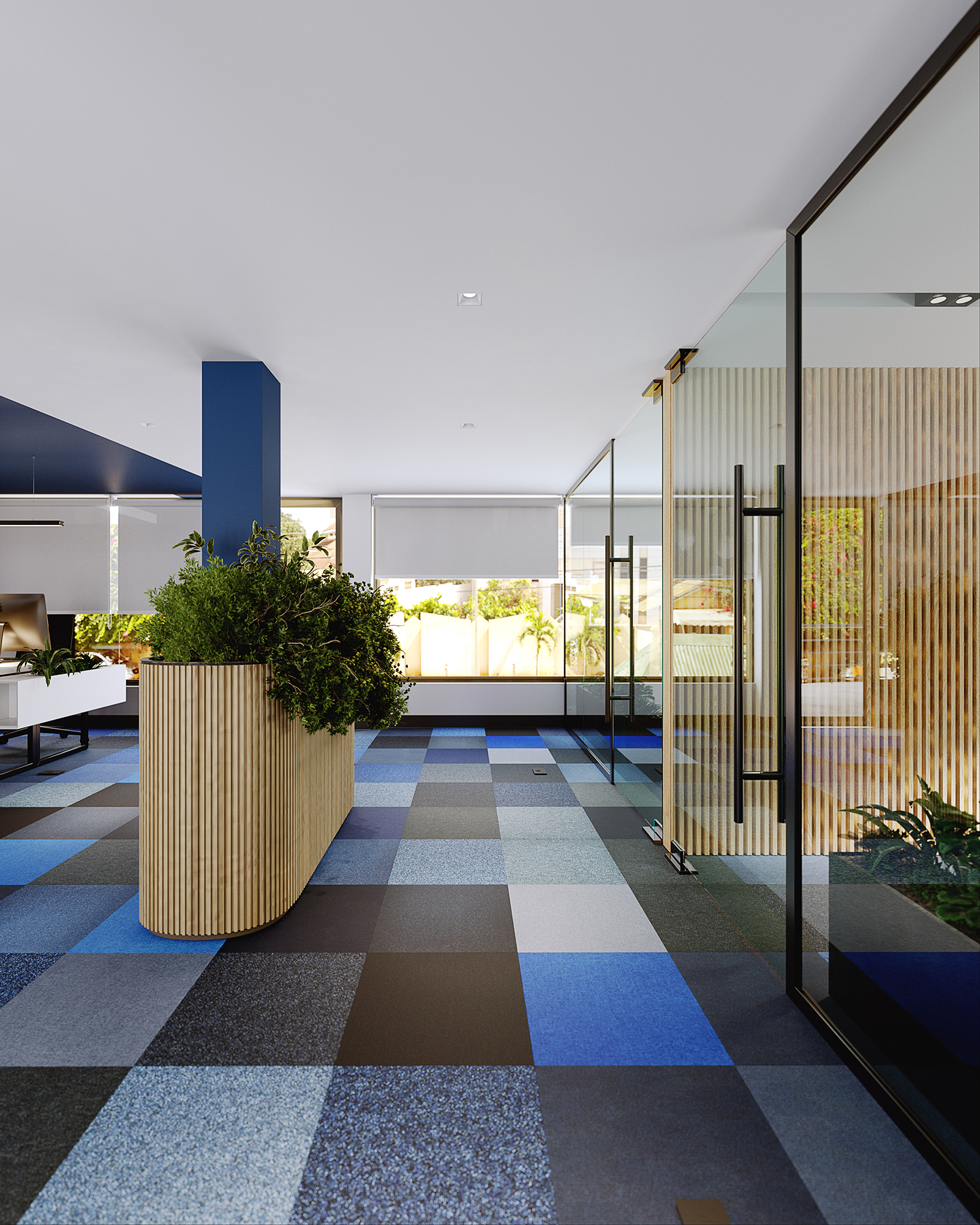 Margin - office corridor on a checkered carpet of blue, grey and white tiles, with a curved ribbed-timber planter of green shrubs beside a full-height glass partition wall