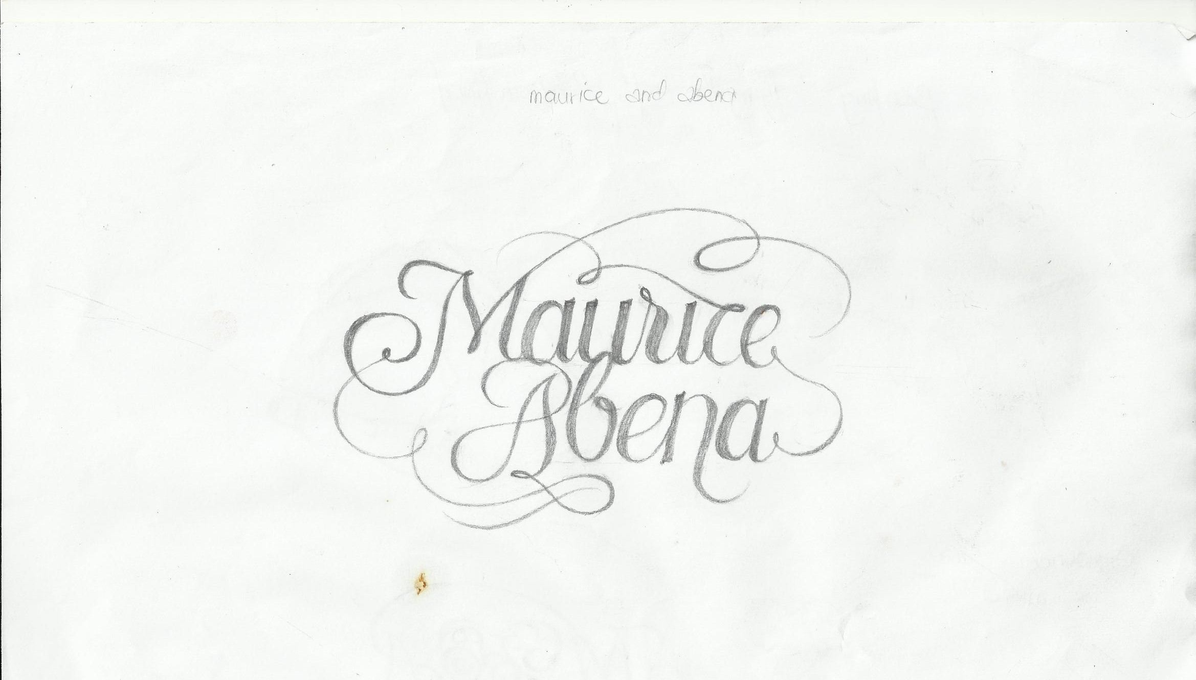 The couple's names lettered by hand in an outlined, shaded script and looped with flourishes, with a small cursive ghost line above