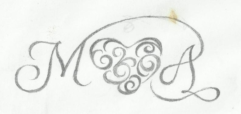 Pencil monogram: script capitals M and A joined by a heart built from tight graphite curls