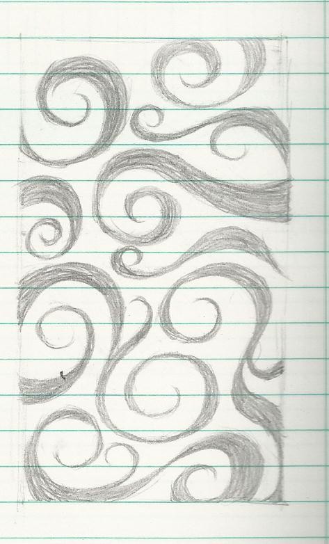 A ruled panel of pencil scrollwork studies — acanthus spirals shaded solid on one edge and open on the other