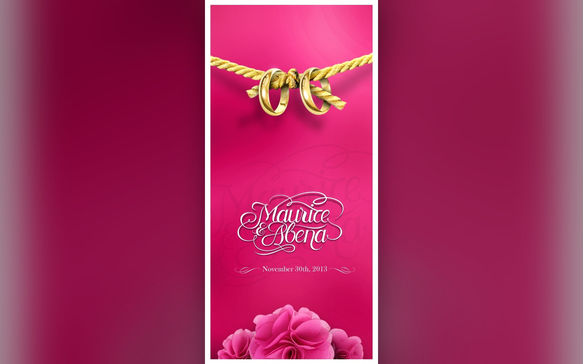 Maurice + Abena — the front panel of the invitation: two plain gold bands knotted onto a twisted gold rope above a white script logotype, the date and a bed of pink roses on a magenta ground