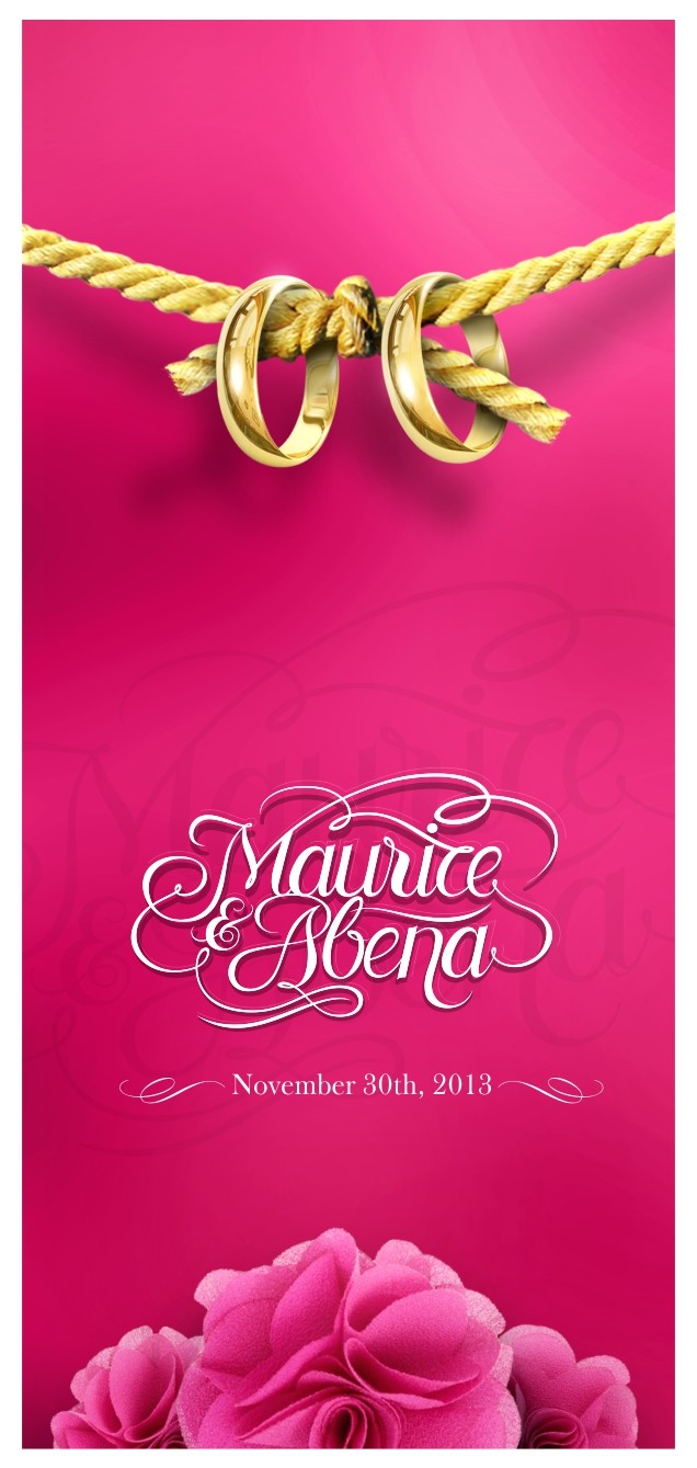 Front panel: two gold bands knotted on a twisted gold rope, the white script logotype and the date above a bed of pink roses on magenta