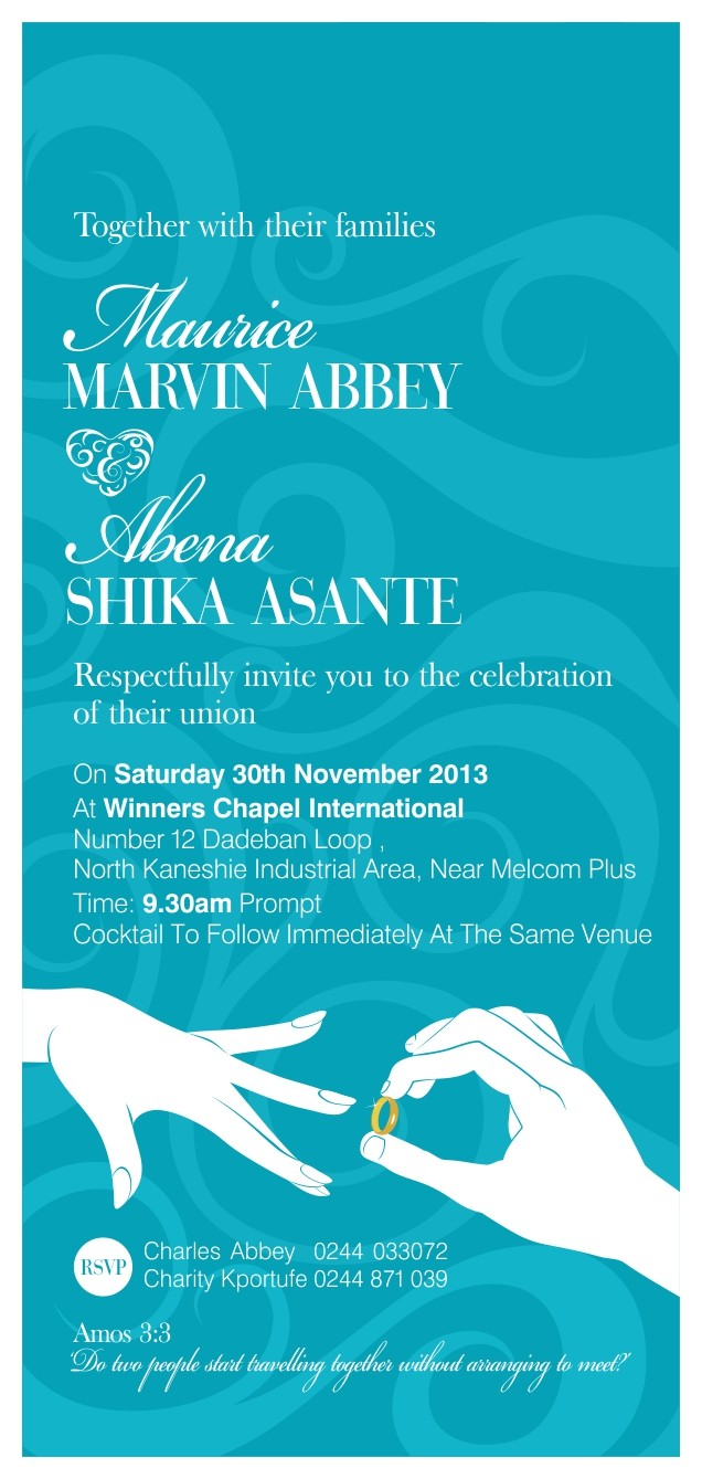 Inner panel on teal: the names of Maurice Marvin Abbey and Abena Shika Asante above the venue and time, two hands passing a gold ring, an RSVP block and a verse from Amos