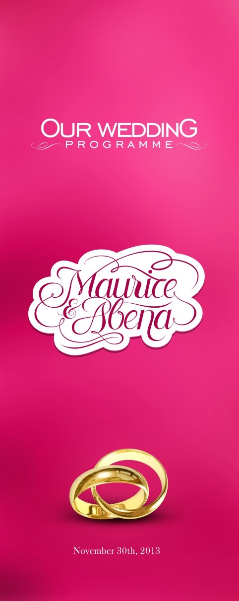 Programme cover on magenta: Our Wedding Programme above the logotype knocked out of a white scalloped badge, two interlocked bands and the date