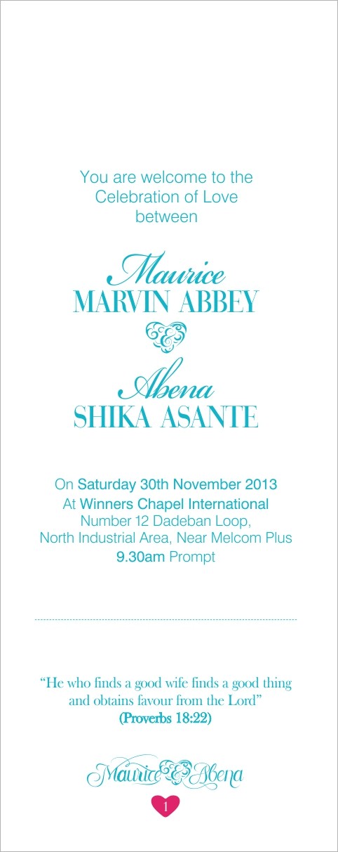 Opening programme page: teal on white, the welcome, the couple's names, the details of the day and a verse from Proverbs