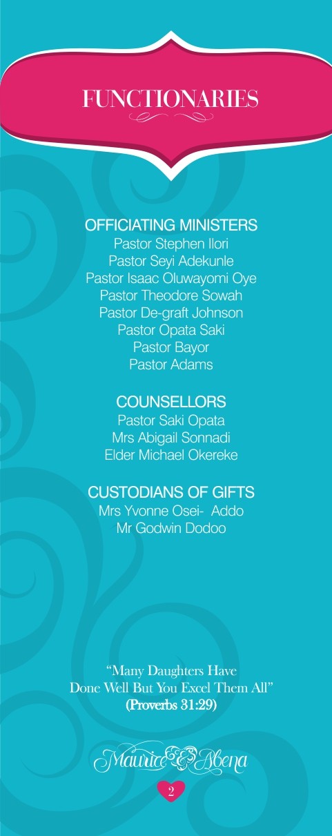 Functionaries page on teal: a magenta badge heading above lists of officiating ministers, counsellors and custodians of gifts
