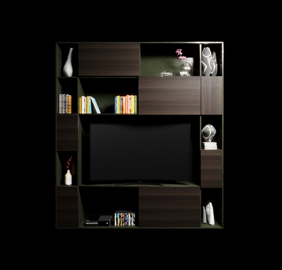 1H as a tall run in a dark-stained finish: open bays and closed volumes around a curved screen, styled with books and pale vases on black.