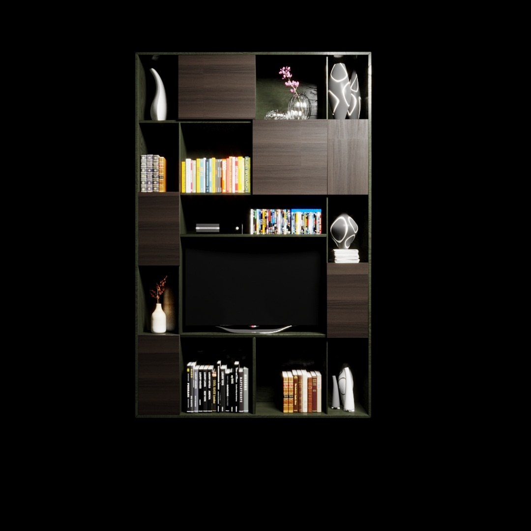 MIG 1H wall unit reconfigured in front elevation: the same olive-edged grid on black with a smaller screen, a row of disc cases, tan leather books and a white vase.