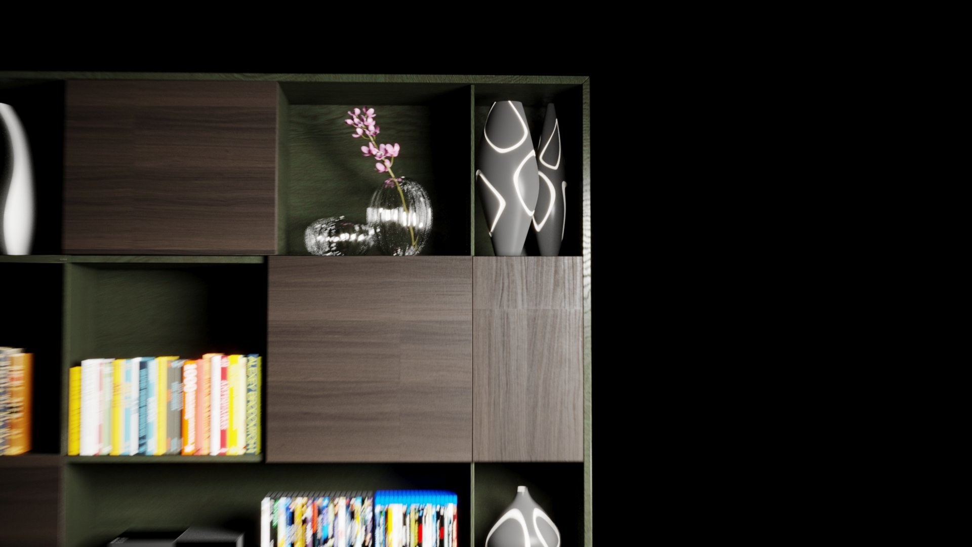 MIG 1H upper-right detail in soft focus: a pink orchid in a glass bubble vase, grey vases with white line inlay, wood door fronts and brightly coloured book spines.