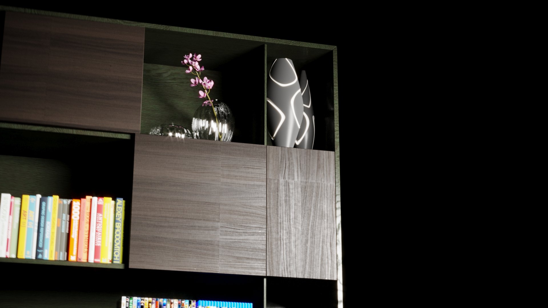 MIG 1H at the same corner from a tilted angle: the orchid in its glass vase, the pair of grey line-inlay vases and a spine reading ALEXEY BRODOVITCH among the colour-blocked books.