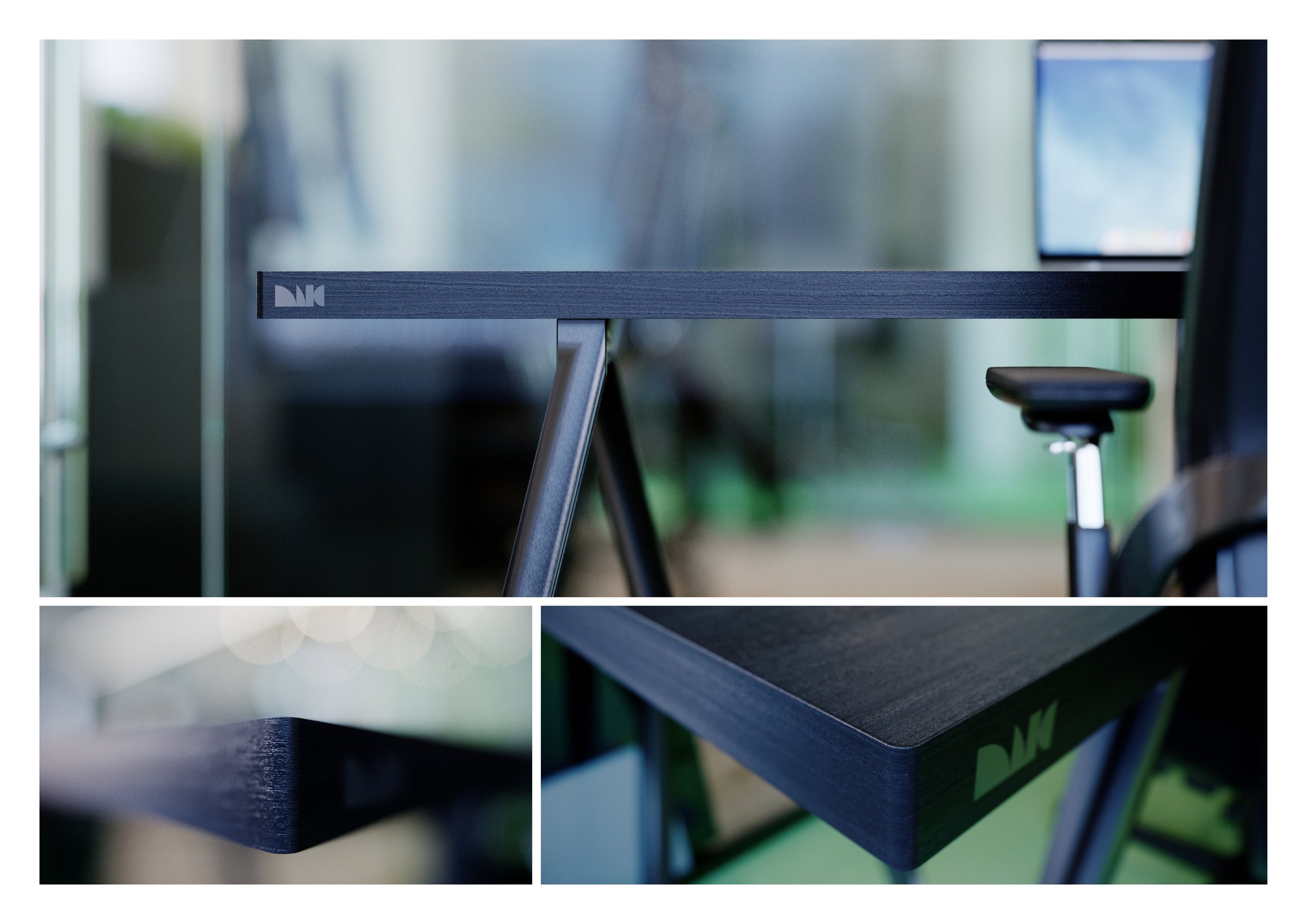 MIG HG-DESK as a three-panel sheet with white gutters: the desk in side profile with its logo and a stool pad above, the rail macro bottom left and a high-angle corner with a green-tinted mark bottom right.