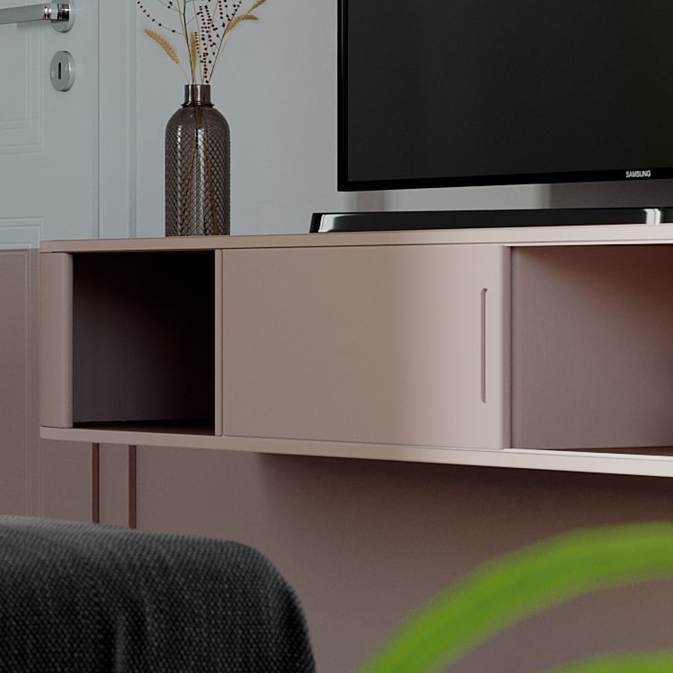 Detail of the blush unit&rsquo;s open cubby and its sliding front with a vertical pull slot, an amber vase on top.